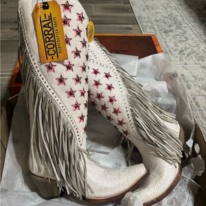 Corral White and Pink Star Fringe Heeled Boots